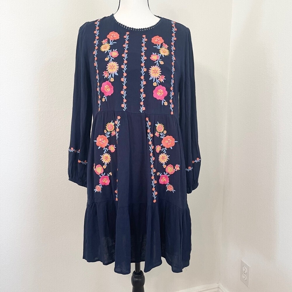 Savanna Jane Embroidered Summer Casual Flowy Sun Dress in Navy. Size S.